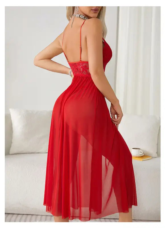 Red lace-trimmed nightgown with a sheer skirt and spaghetti straps.