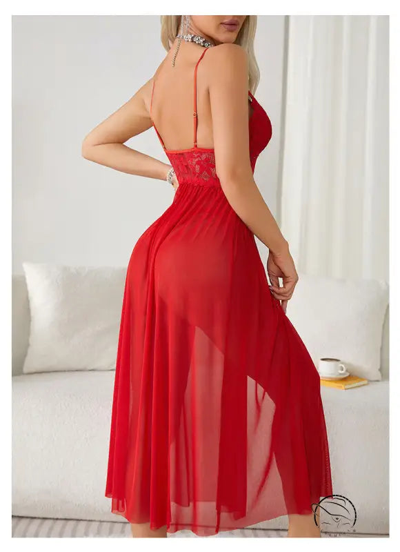 Elegant red sexy mesh lace nightdress with sheer skirt and bow