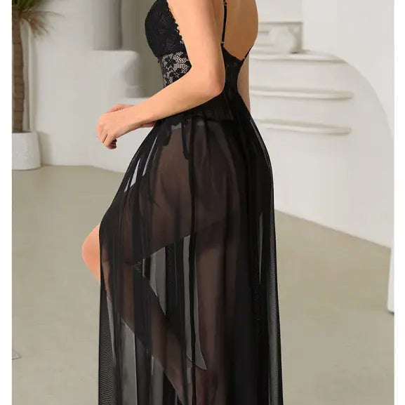 Black lace and sheer lingerie dress with spaghetti straps and a flowing skirt.