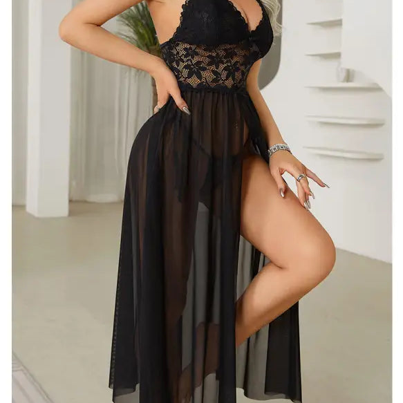 Black lace and sheer lingerie gown with a high slit.