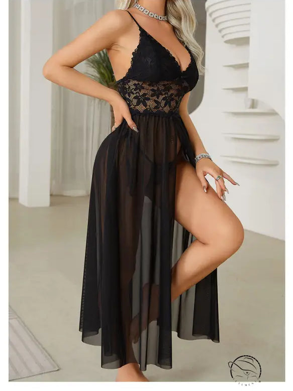 Elegant black sexy mesh lace nightdress with high slit and bow