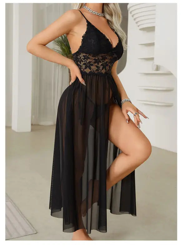Black lace and sheer lingerie gown with a high slit.