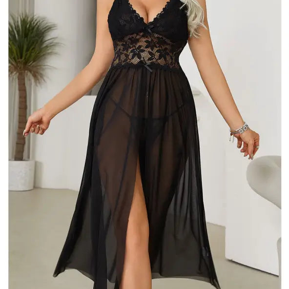 Black lace and sheer lingerie dress with a high slit.