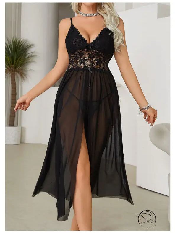 Elegant black sexy mesh lace nightdress with high slit and bow