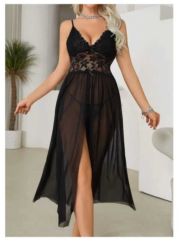 Black lace and sheer lingerie dress with a high slit.