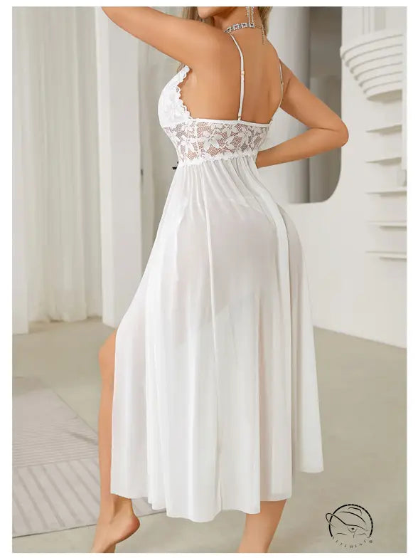 Elegant white sexy mesh lace nightdress with spaghetti straps and bow