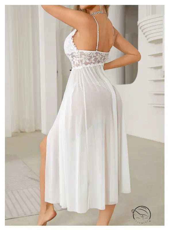 Elegant white sexy mesh lace nightdress with spaghetti straps and bow