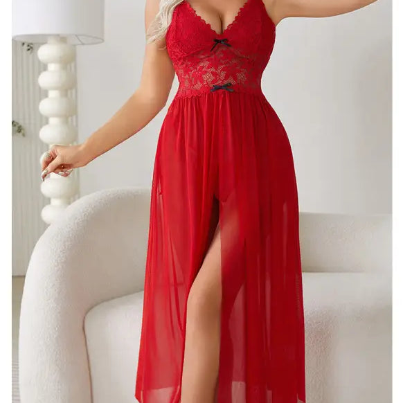 Red lace and chiffon nightgown with a plunging neckline and high slit.