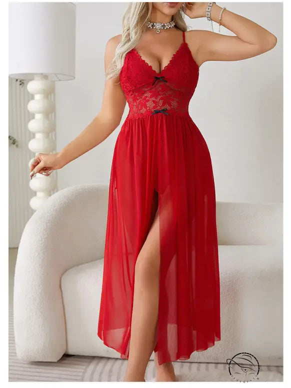 Elegant red sexy mesh lace nightdress with plunging neckline and slit