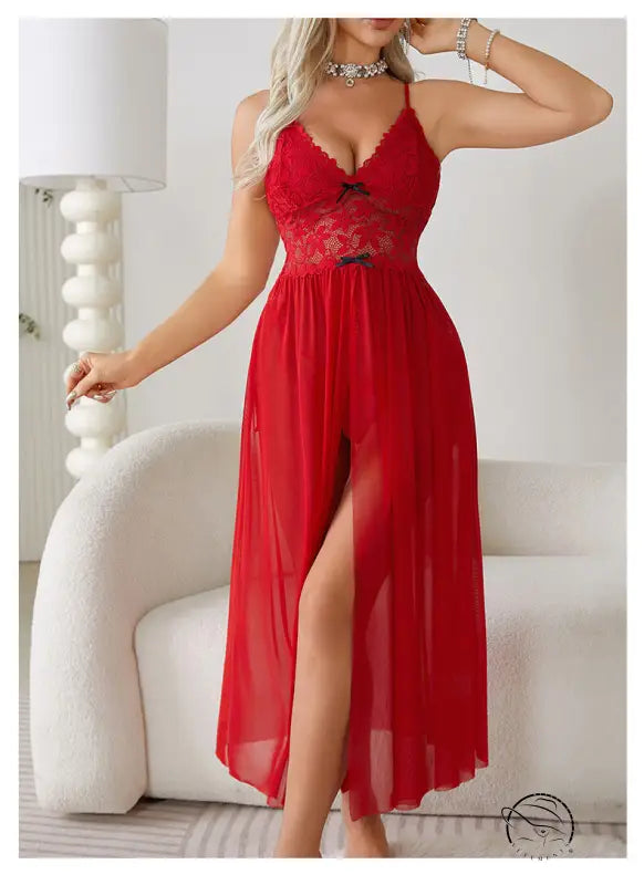 Elegant red sexy mesh lace nightdress with plunging neckline and slit