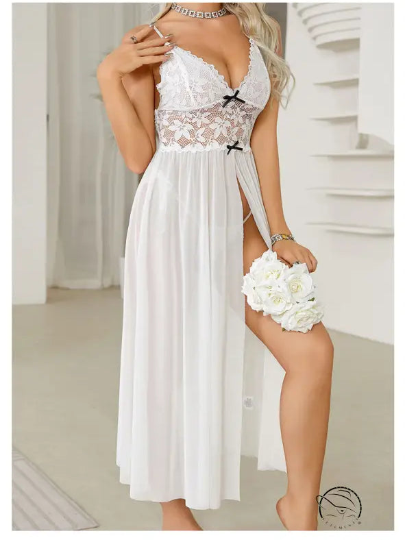 Elegant white sexy mesh lace nightdress with high slit and bow