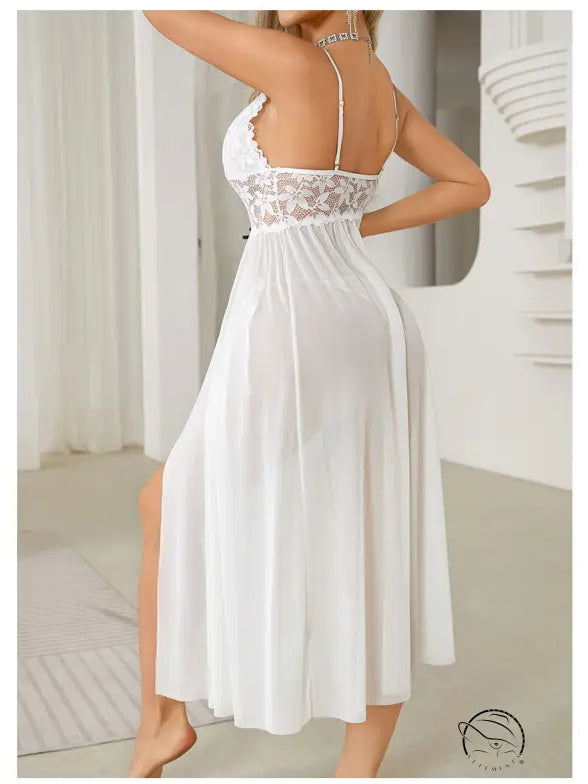 Elegant sexy mesh lace nightdress with white lace trim and bow
