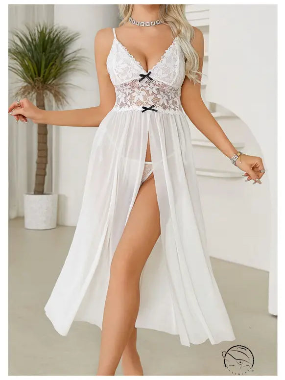 Elegant white sexy mesh lace nightdress with bow and high slit