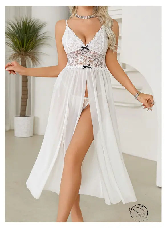 Elegant white sexy mesh lace nightdress with bow and high slit