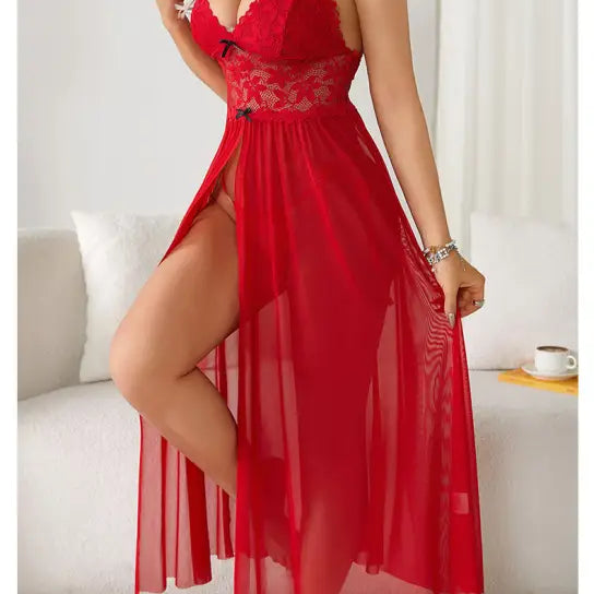 Red lace and sheer lingerie gown with a plunging neckline and high slit.