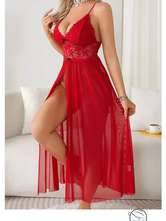 Sexy mesh lace nightdress in red with plunging neckline and high slit