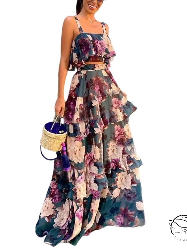 Elegant printed strap lotus leaf maxi skirt with ruffled floral top