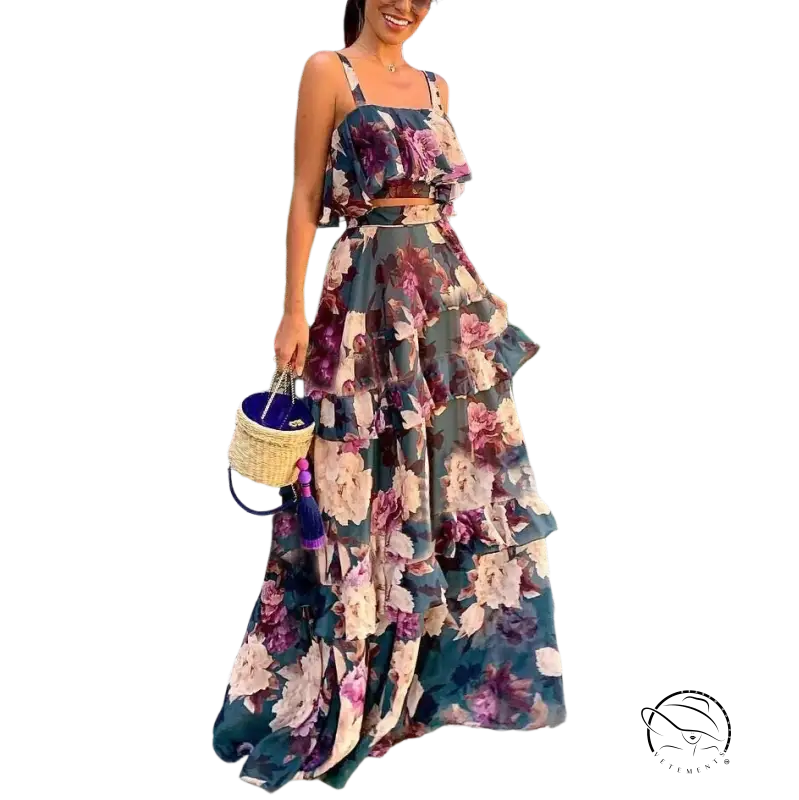 Elegant printed strap lotus leaf maxi skirt with ruffled floral top
