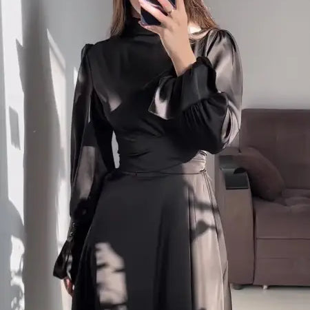 Elegant Puff Sleeve Ruffled Maxi Dress with Belted Mock Neck showcasing a black sleeve dress