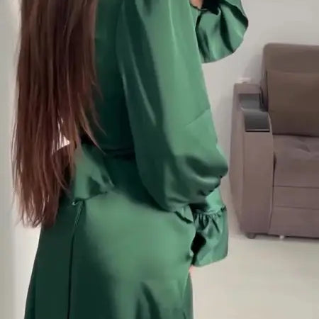 Elegant Puff Sleeve Ruffled Maxi Dress in Green with Belted Waist and Flowing Skirt