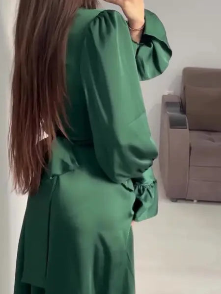 Elegant Puff Sleeve Ruffled Maxi Dress in Green with Belted Waist and Flowing Skirt