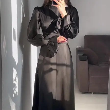 Elegant Puff Sleeve Ruffled Maxi Dress with Belted Mock Neck in mirror selfie display
