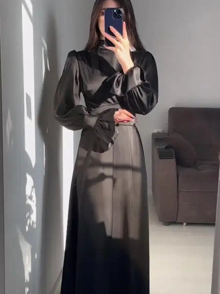 Elegant Puff Sleeve Ruffled Maxi Dress with Belted Mock Neck in mirror selfie display