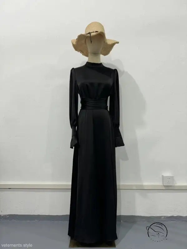 Elegant Puff Sleeve Ruffled Maxi Dress with Belted Mock Neck on mannequin, showcasing style