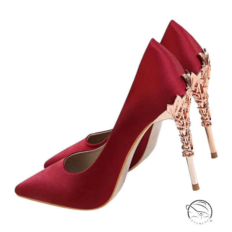 Elegant red wedding heels: deep red slip-on pumps with gold heels for brides