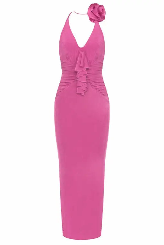 Pink halter dress with rose detail from an Elegant Retro Sling Backless Maxi Dress