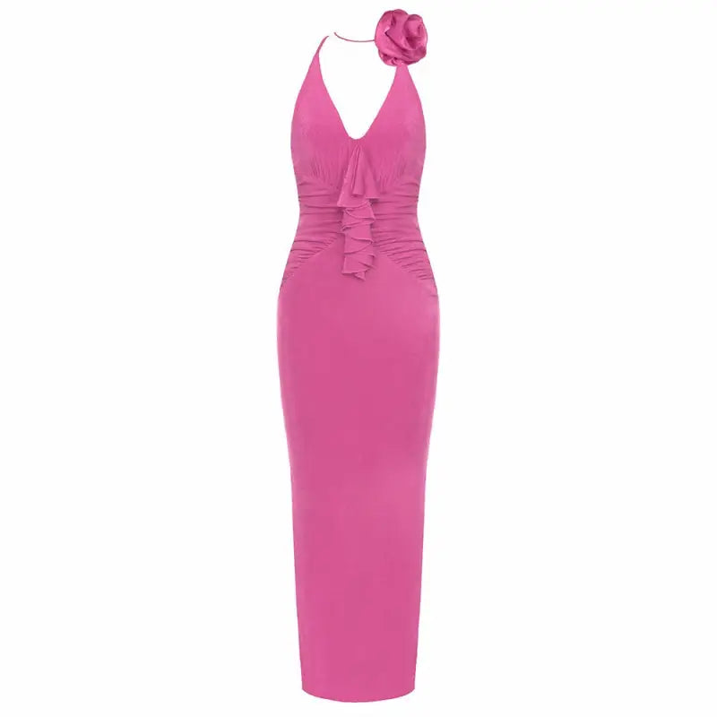 Pink halter dress with rose detail from an Elegant Retro Sling Backless Maxi Dress