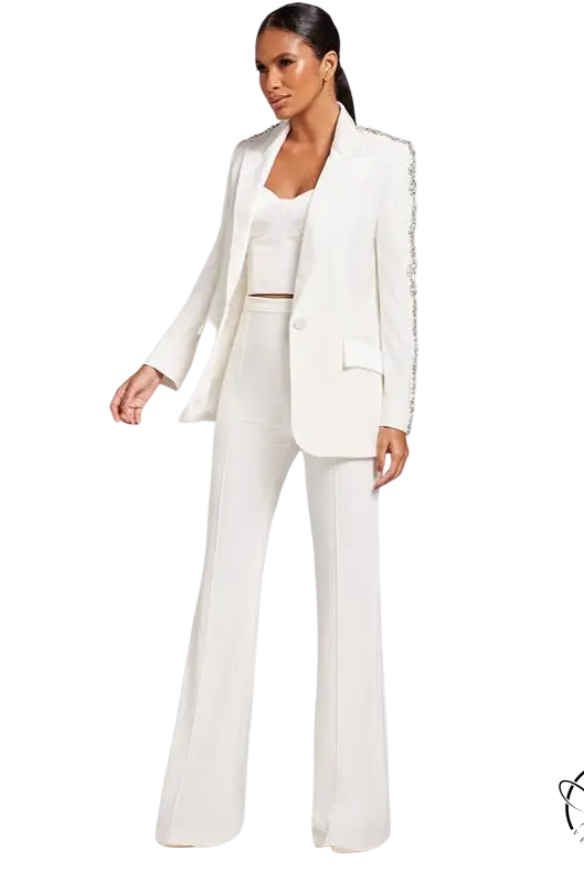 Elegant white pantsuit with rhinestone embellished sleeves and slim bootcut pants