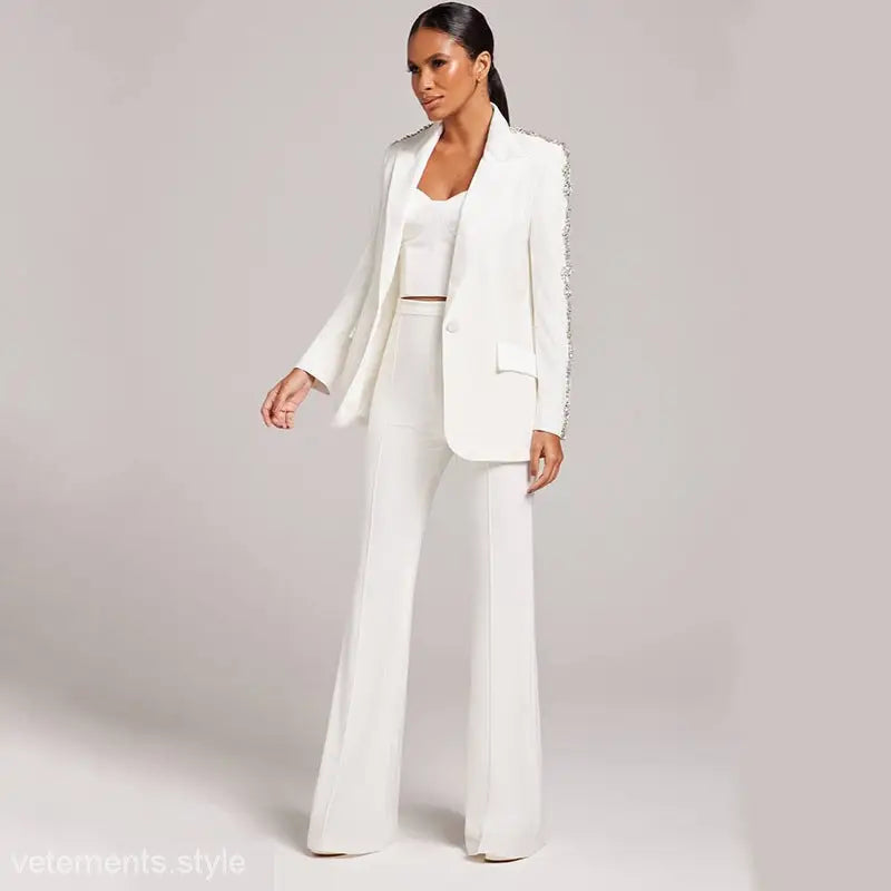 Elegant Rhinestone Collared Top with Slim Bootcut Pants Set featuring embellished sleeves and beads