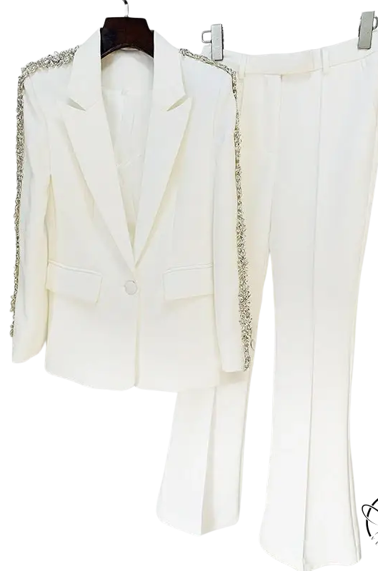 Elegant white rhinestone collared top with slim bootcut pants set