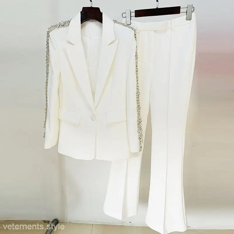 Elegant Rhinestone Collared Top with Slim Bootcut Pants Set featuring white suit with trim