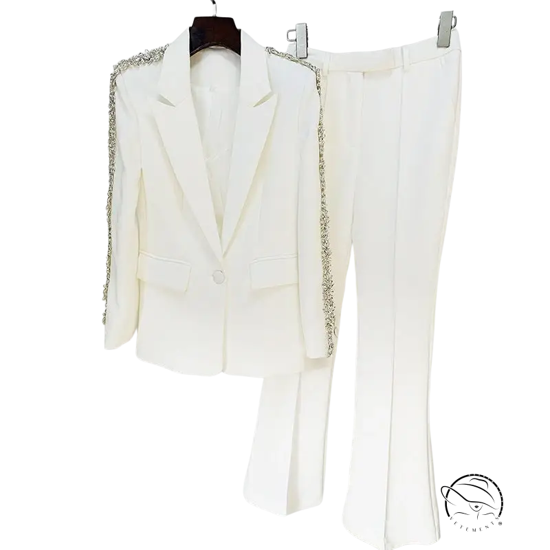 Elegant white rhinestone collared top with slim bootcut pants set