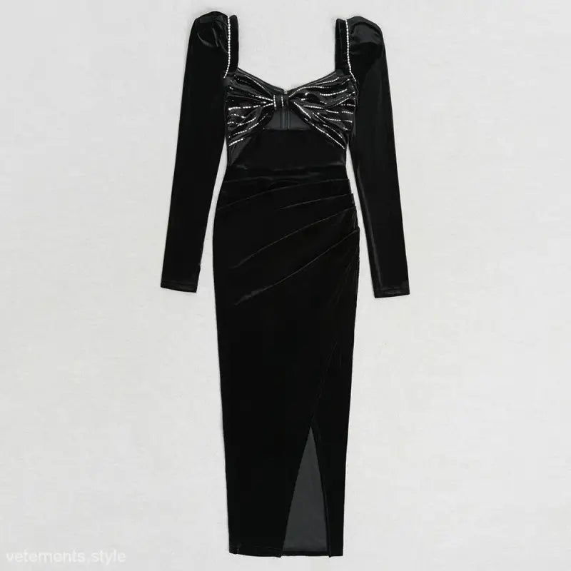 Elegant black velvet evening party dress with rhinestone cutout and bow