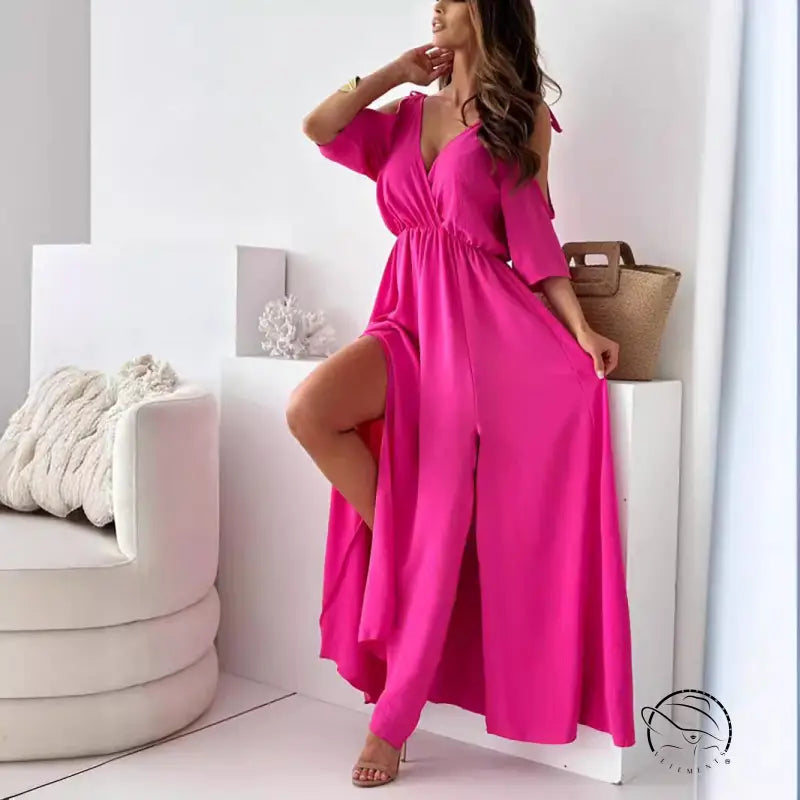 Rose red sexy sling mid length dress with thigh-high slit