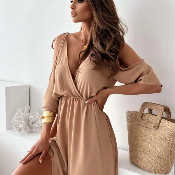 Tan open-shoulder maxi dress from Elegant Rose Red Sling Mid Length Dress collection