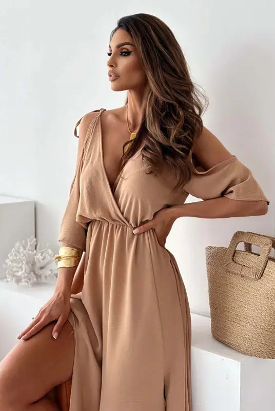 Tan open-shoulder maxi dress from Elegant Rose Red Sling Mid Length Dress collection