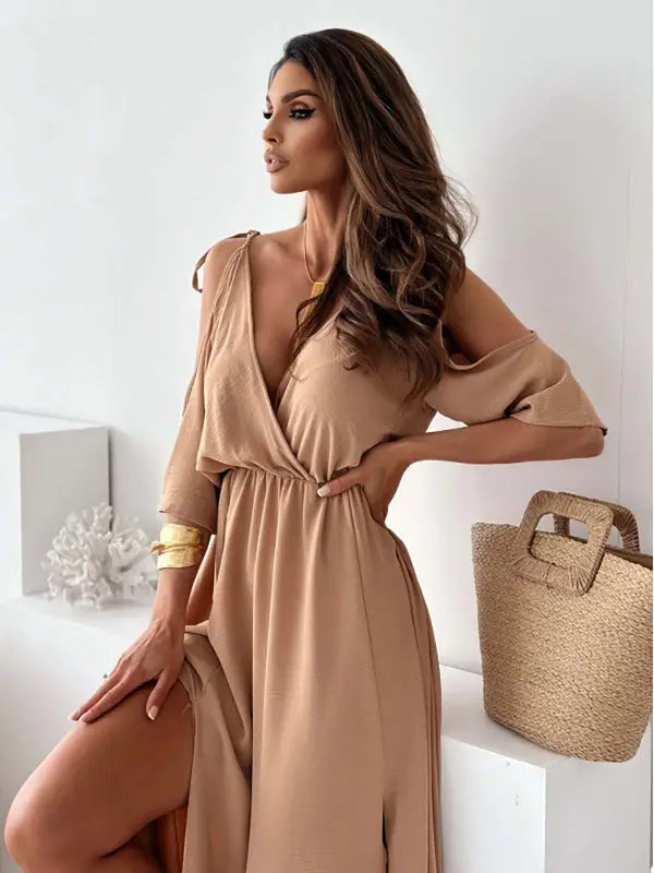 Tan open-shoulder maxi dress from Elegant Rose Red Sling Mid Length Dress collection