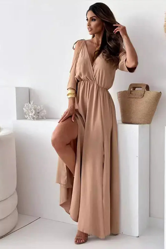 Elegant rose red sling mid length dress featuring a sexy thigh slit and cutout details