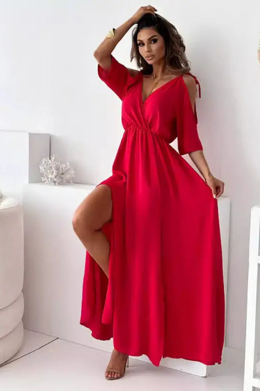 Rose red sexy sling mid length dress with thigh-high slit and cutout details