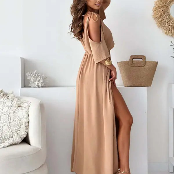 Rose red sexy sling mid length dress with shoulder cutouts and elegant design