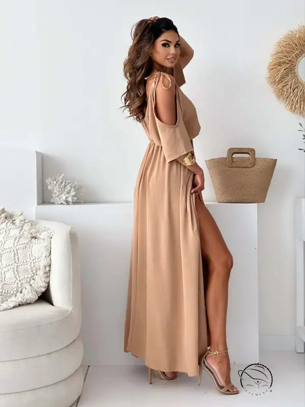 Rose red sexy sling mid length dress with cutout details