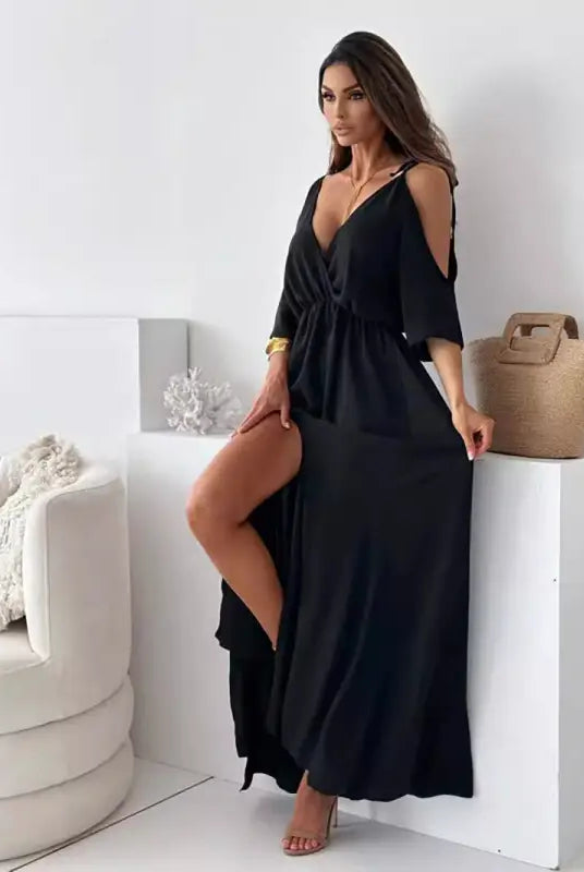 Elegant rose red sling mid length dress featuring a black maxi dress with thigh-high slit