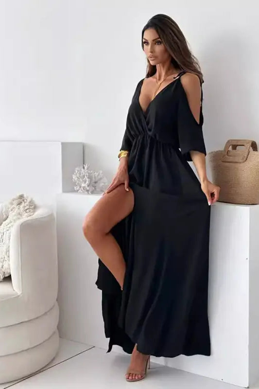 Elegant rose red sling mid length dress featuring a black maxi dress with thigh-high slit