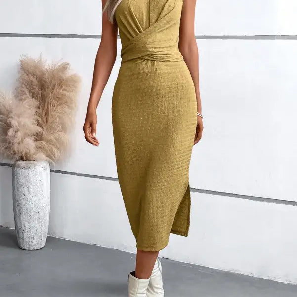Mustard sleeveless midi dress with crossover bodice, perfect for elegant round neck slit dress fashion