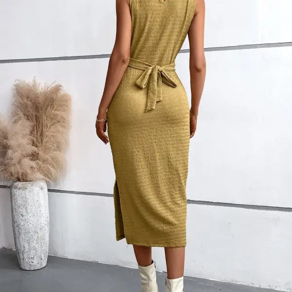 Elegant round neck slit dress in sleeveless mustard-colored midi attire for summer wear