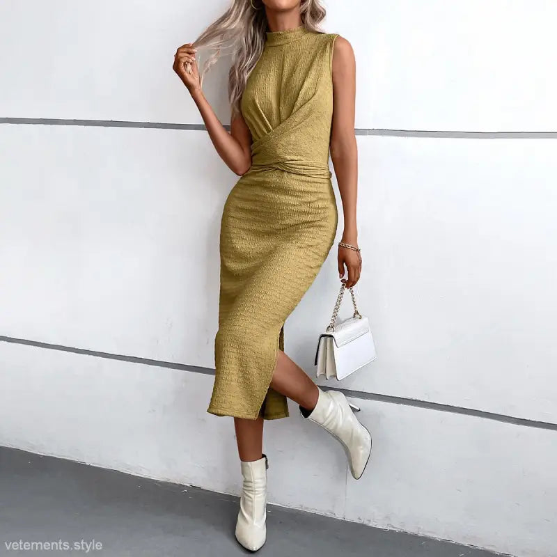 Mustard-colored sleeveless midi neck slit dress from Elegant Round Neck Slit Dress collection